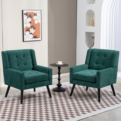 26.77" Mid-Century Modern Accent Chair With Linen Upholstery, Tufted Back And Black Solid Wood Legs(Set Of 2)