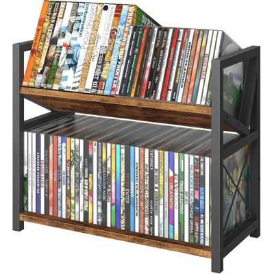 Présentoir à CD à 2 niveaux, tablette de bureau pouvant contenir jusqu'à 80 CD ou 56 DVD, tour de rangement de DVD inclinable au style rétro, brun rustique