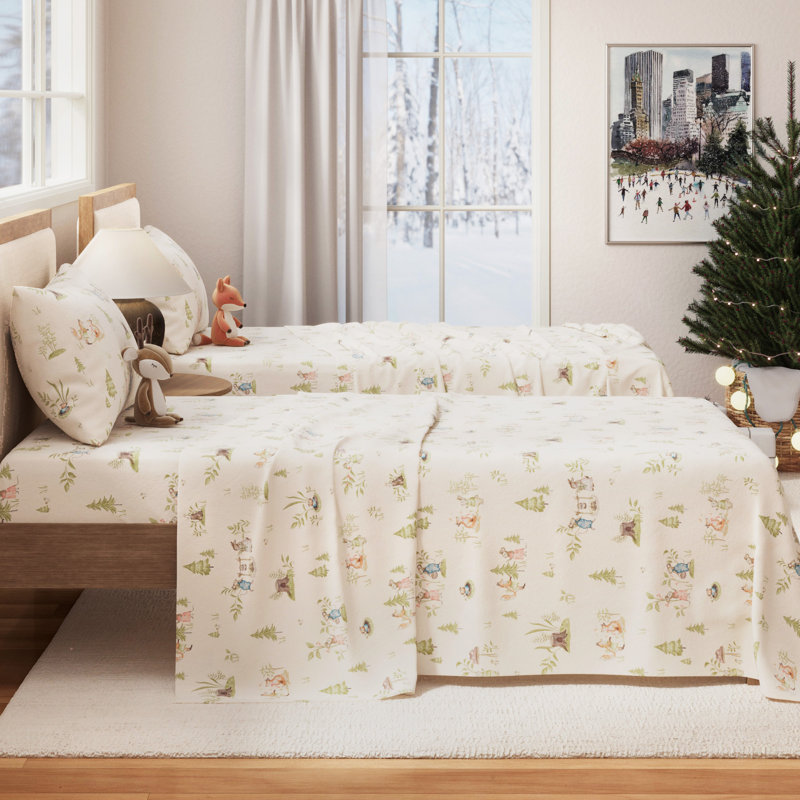 100% Turkish Cotton Flannel Christmas Sheet Sets, Full Sheets with 2 Pillowcases, Tiny Village