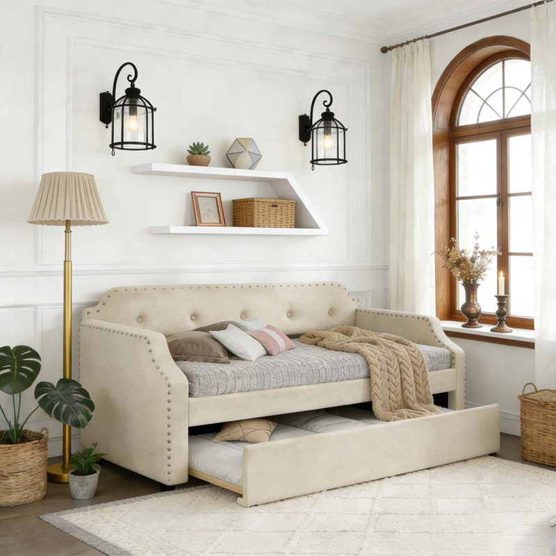 Upholstered Daybed with Trundle, Beige