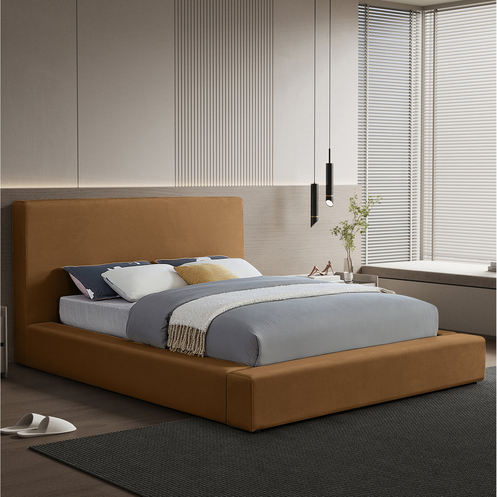 Ishia Velvet Upholstered Bed, King, Saddle Velvet
