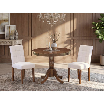 3 Piece Kitchen Dining Table Set contains a Modern Table and 2 Mist Beige Polyester Fabric Upholstered Dining Chairs, Antique Walnut