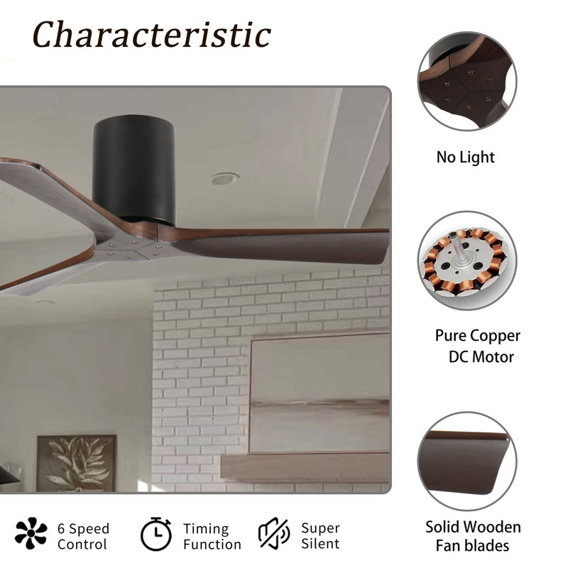 42-Inch Flush Mount Ceiling Fan Without Light, Solid Wood Blades, Reversible Quiet DC Motor, Remote Control With 6 Speeds & Timer, Energy Saving For Bedroom, Living Room, No Sloped Ceiling