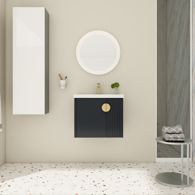 Meuble-lavabo mural de 24 po avec lavabo en céramique pour petite salle de bain, portes à fermeture douce et poignées en métal de conception moderne, espaces étroits, porte