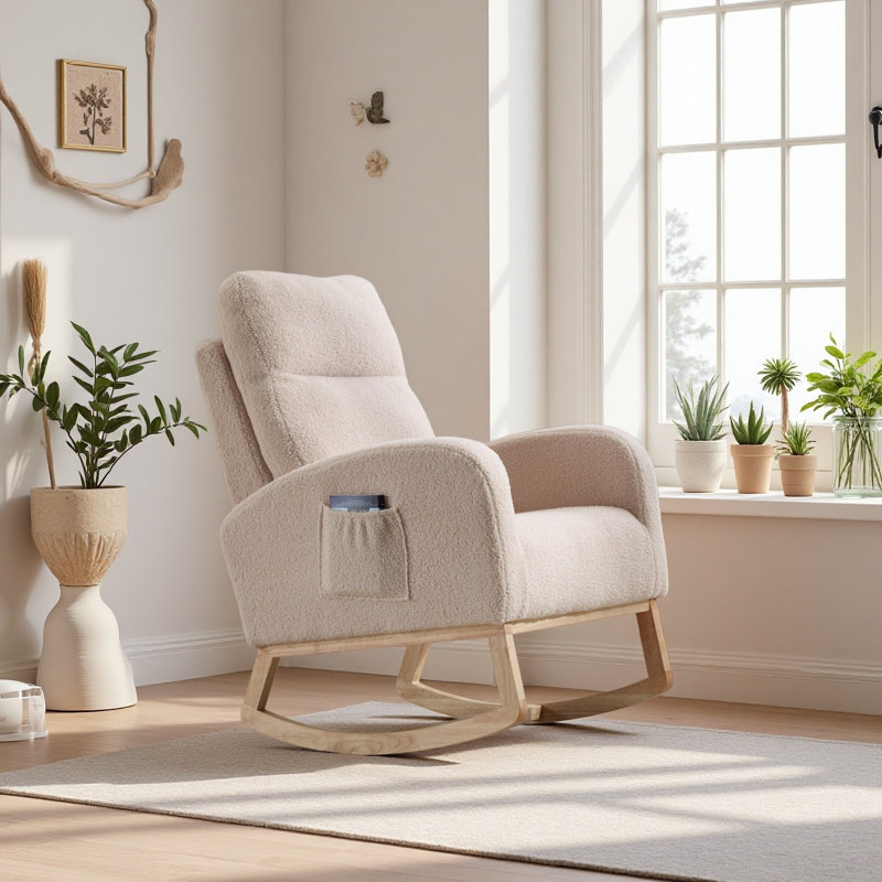 Chaise berçante avec pieds en bois massif, chaise berçante Modern, Beige