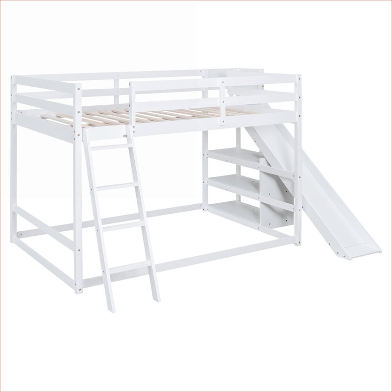Lit plateforme superposé double au-dessus de double, construction en bois de pin massif, adapté aux enfants avec échelle coulissante et tablettes intégrées, blanc pur