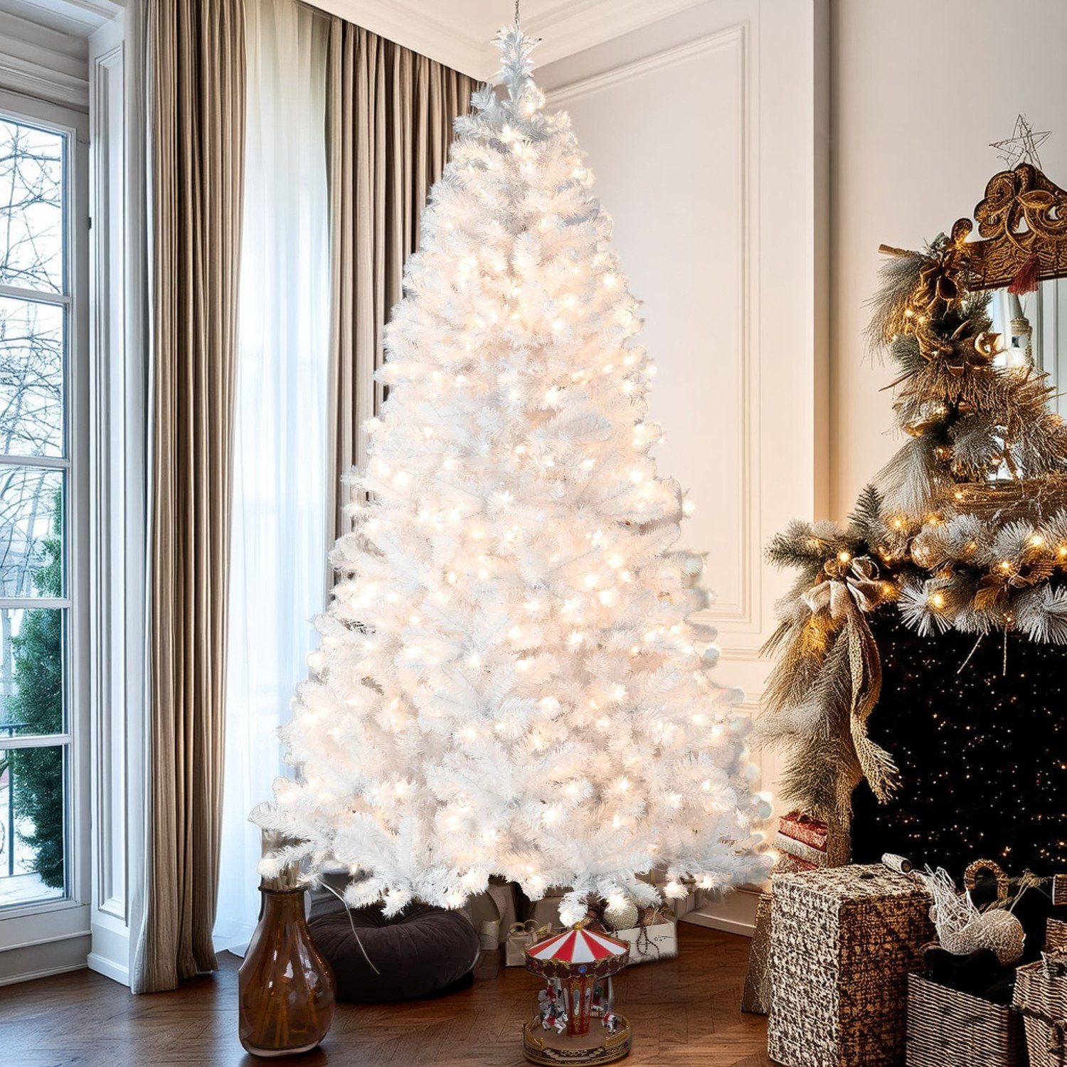 Wayfair Tree Cabinet Curvature 7.5/9 FT Pre-Lit White Christmas Tree With Memory ...