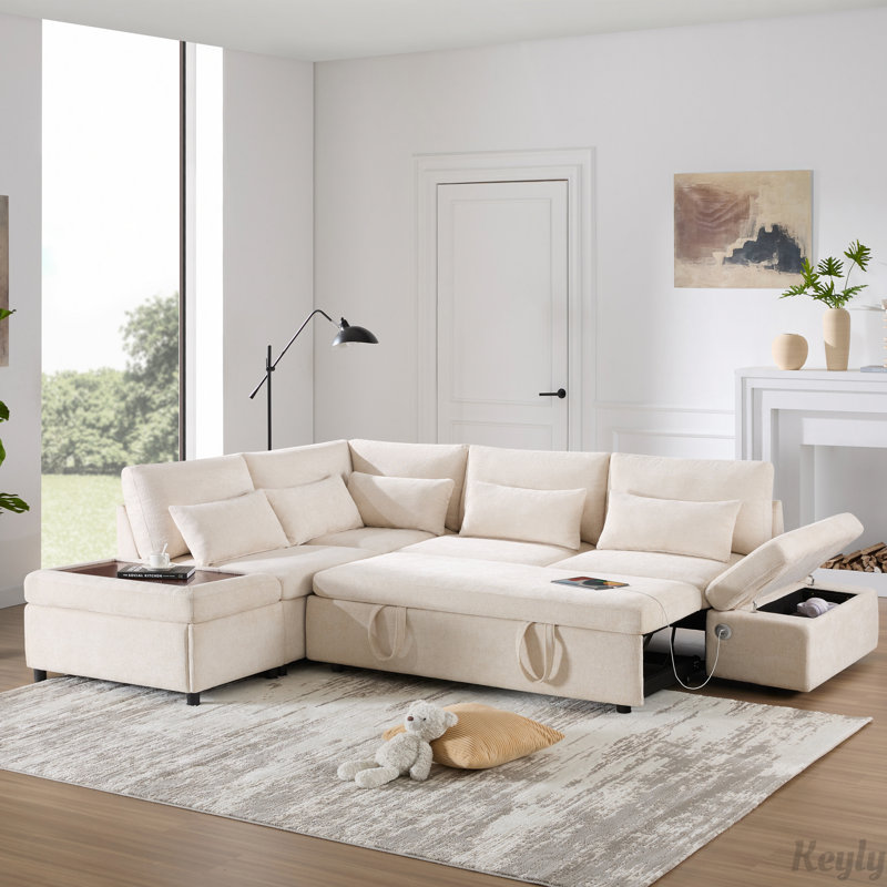 Canapé-lit modulaire de 107 po avec canapé-lit, accoudoirs réglables en forme de L, charge USB et de type C, repose-pieds avec rangement à mouvement libre, combinaison libre pour le salon et l’appartement, chenille