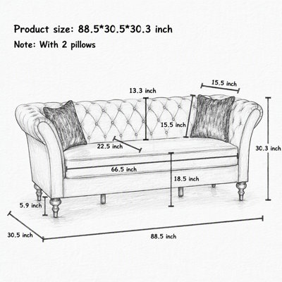 Canapé Chesterfield 3 places en velours capitonné, accoudoirs arrondis, pieds en bois sculpté, 225 cm de large, avec 2 coussins