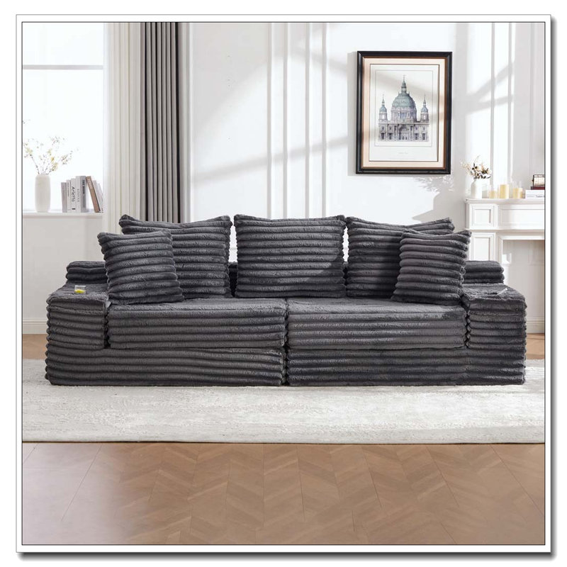 Oversized Boneless Four Seats Sofa with Cup Holder and Side Pockets, Gris foncé