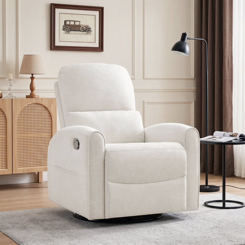 32" W Modern Swivel Rocker Glider Nursery Recliner with Adjustable Headrest and Lumbar Support, White Chenille