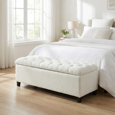 Banc avec repose-pieds moderne avec rangement dissimulé et surface bouclée rembourrée, pieds en bois d'hévéa durables et capacité de poids élevée pour le salon, la chambre à coucher ou le vestibule