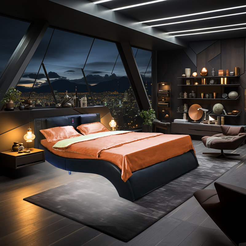 Faux Leather Upholstered Platform Bed Frame With Led Lighting, Bluetooth Connection To Play Music Control, Backrest Vibration Massage, Curve Design, Wood Slat Support, Exhibited Speakers,Queen