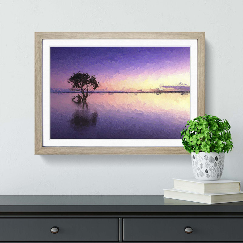 Tree Alone During a Purple Sunset in Abstract - Picture Frame Painting Print, 48cm H x 65cm W x 2cm D, Oak Framed