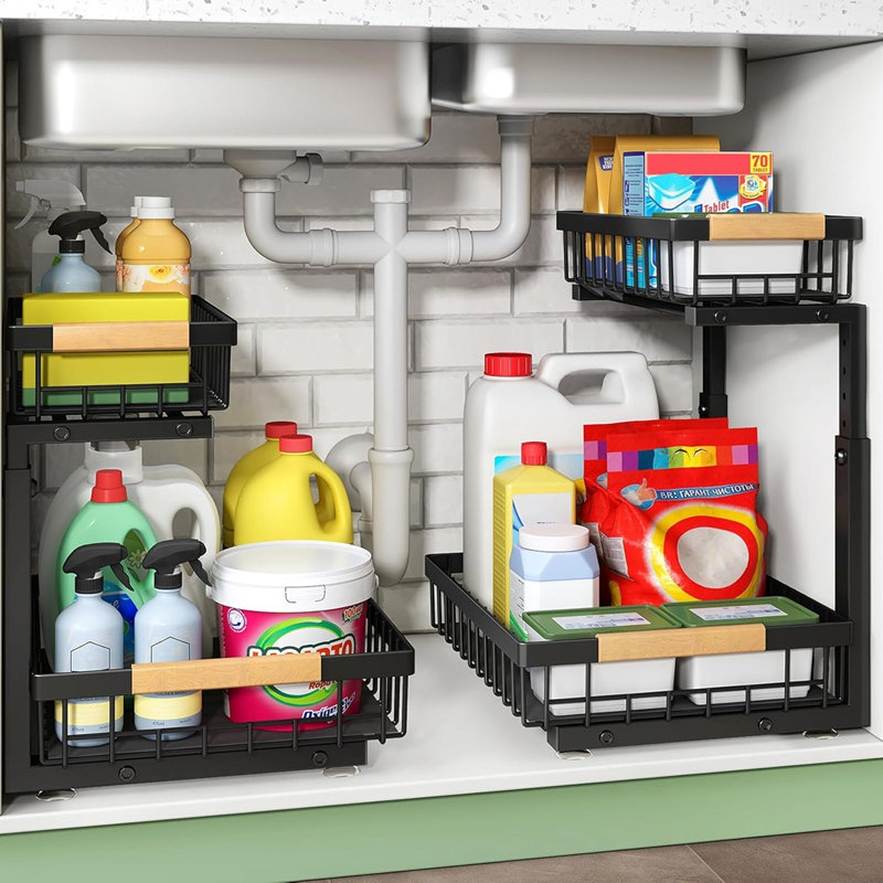 Rangement à 2 niveaux pour armoire coulissante sous le lavabo, support de rangement coulissant en métal pour la cuisine, la salle de bain, le garde-manger et le placard