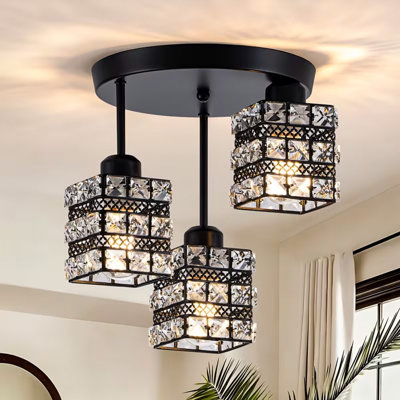 Plafonnier semi-encastré moderne, suspension à 3 lumières avec culot E26, luminaire suspendu en cristal pour chambre, salon, entrée (ampoule non incluse) (noir)