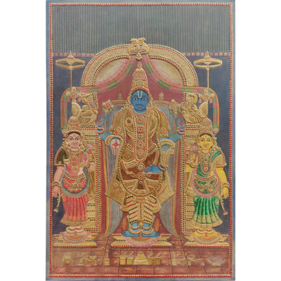 Standing Lord Vishnu with Sridevi and Bhudevi |Tanjore Painting | Traditional Colors with Gold Work