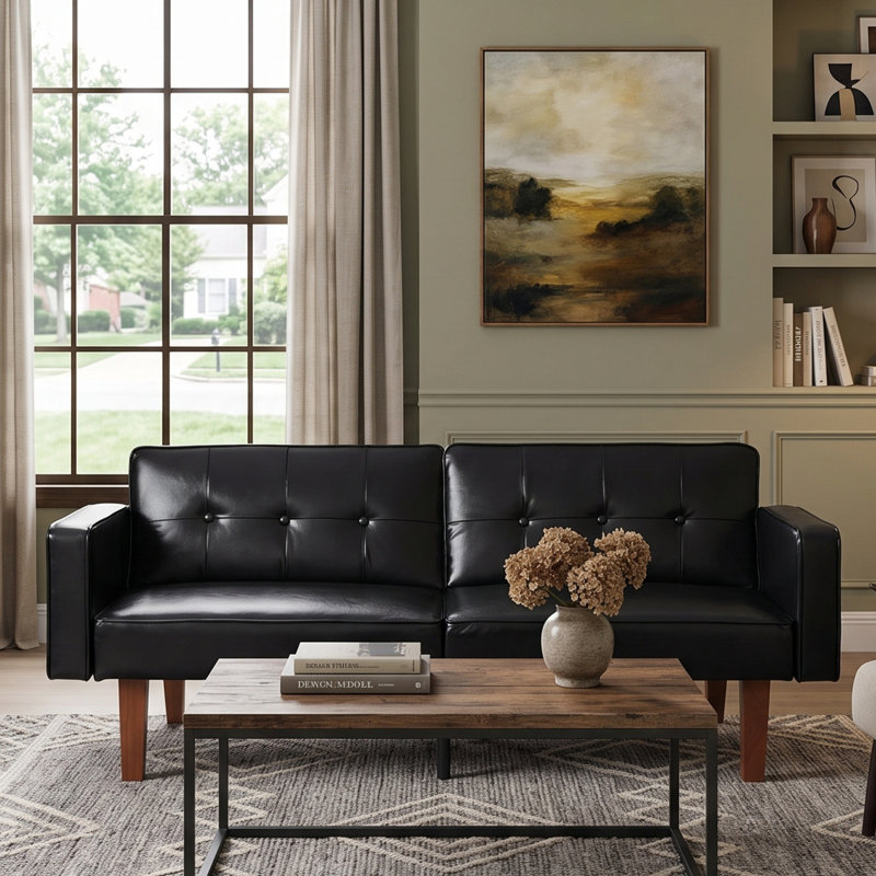 Canapé-lit 68 po Mid-Century, Similicuir noir