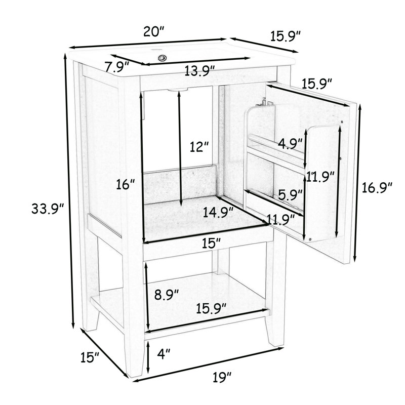 Meuble-lavabo en bois avec lavabo, support de rangement et tablette ouverte, Gris