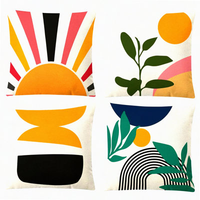 Geometric Leaf Boho Pillow Covers - Set of 4 Mid Century Modern Throw Pillow Cases for Couch Bed Sofa, Abstract Sun Bohemian Cotton Linen Cushion Covers