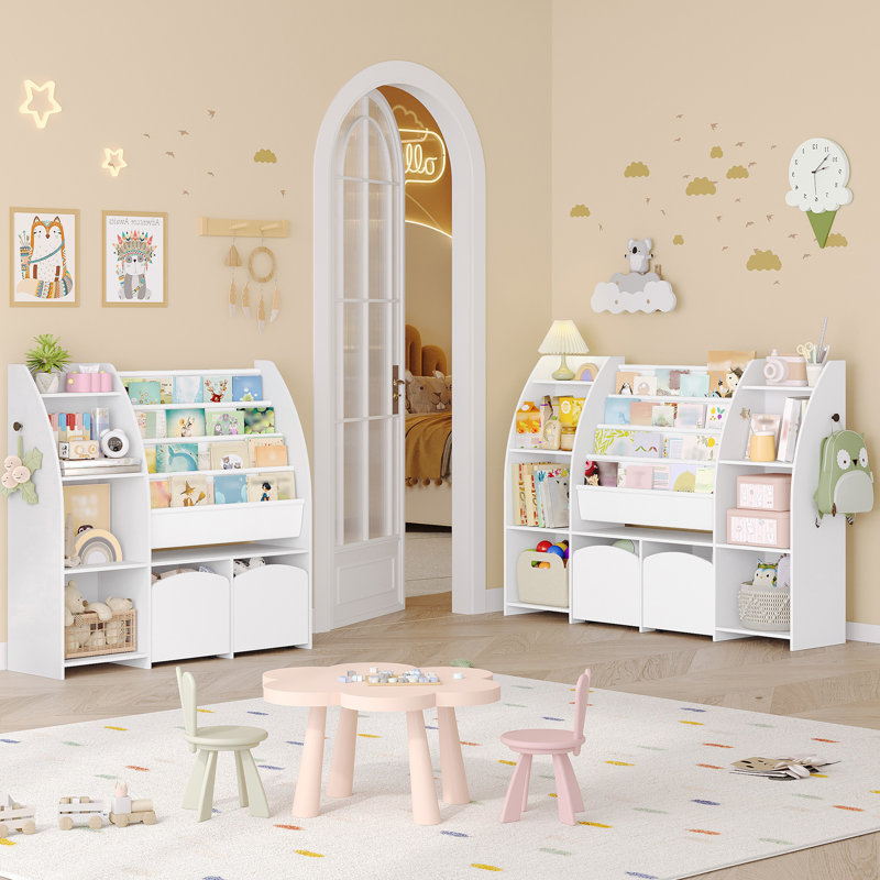Toy Storage Organizer, 41" W Large Kids Bookshelf with 2 Movable Storage Bins, 4 Tier Front-Facing Book Display Organizer for Kids Playroom, Bedroom, Classroom, White