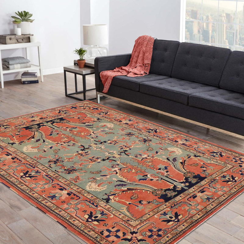 Tapis oriental rouge / bleu en laine noué à la main 8 pi 11 po x 11 pi 9 po Baccio