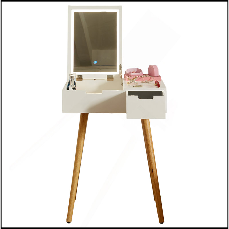 Petite coiffeuse de maquillage, bureau avec 2 tiroirs, organisateur de miroir rabattable, coiffeuse de maquillage pour chambre à coucher, vestiaire