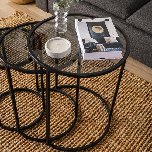 Alya Round Black Metal and Glass Nesting Tables, Set of 3