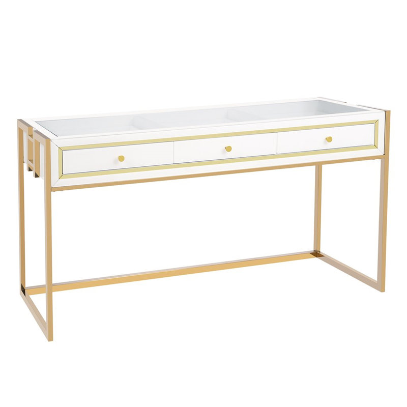 SlayStation Addison Modern Makeup Storage Table Desk with 3 Drawers Entryway and Gold Frame