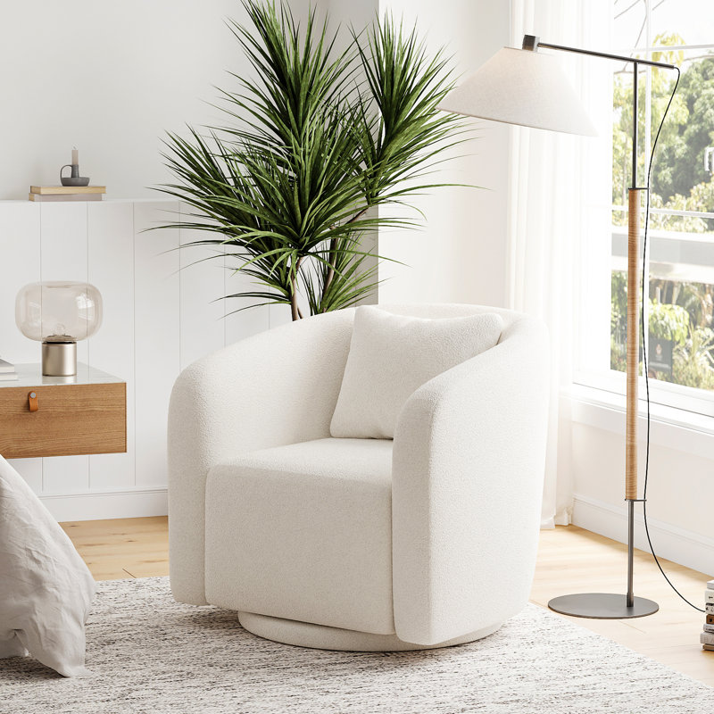 Bashar Upholstered Swivel Barrel Chair, White, 29.5" H x 31.1" W x 31.1" D