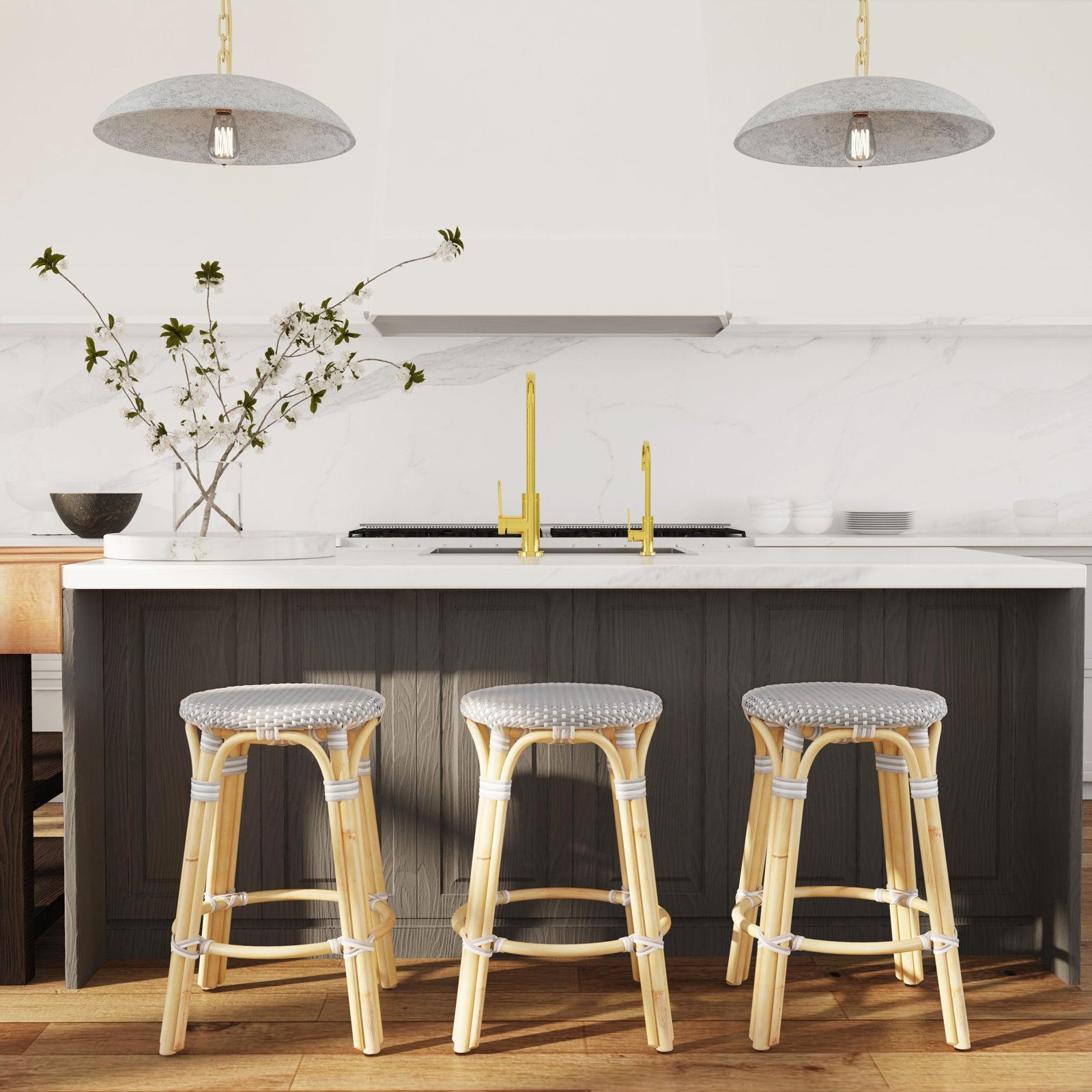 Alastair Bar and Counter Stool, Counter Stool (24" Seat Height), Gray/White Dot/Natural Rattan Frame