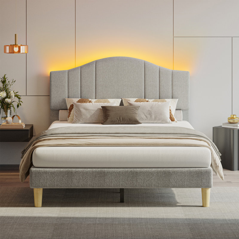 Full Size Gray Linen-Blend Upholstered Platform Bed Frame with LED Light and Height Adjustable Headboard, No Box Spring Needed