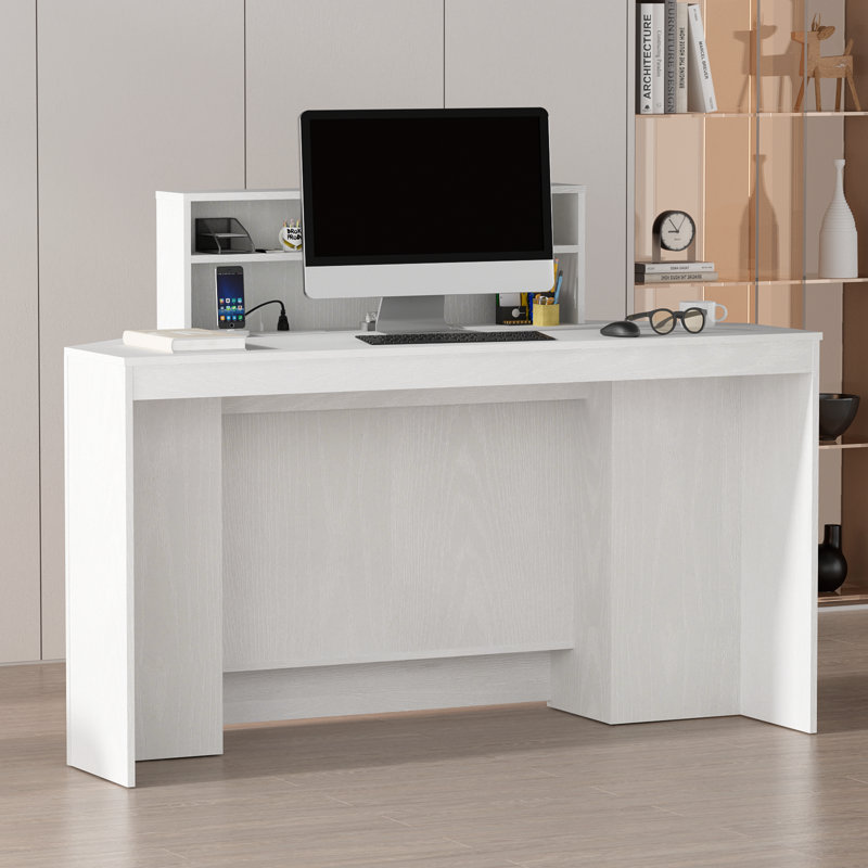 Bureau de réception avec 6 tablettes ouvertes avec prise de courant, Blanc