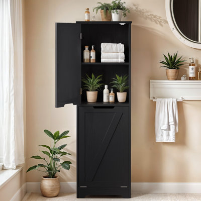 Armoire à linge avec tablettes réglables et panier à linge inclinable