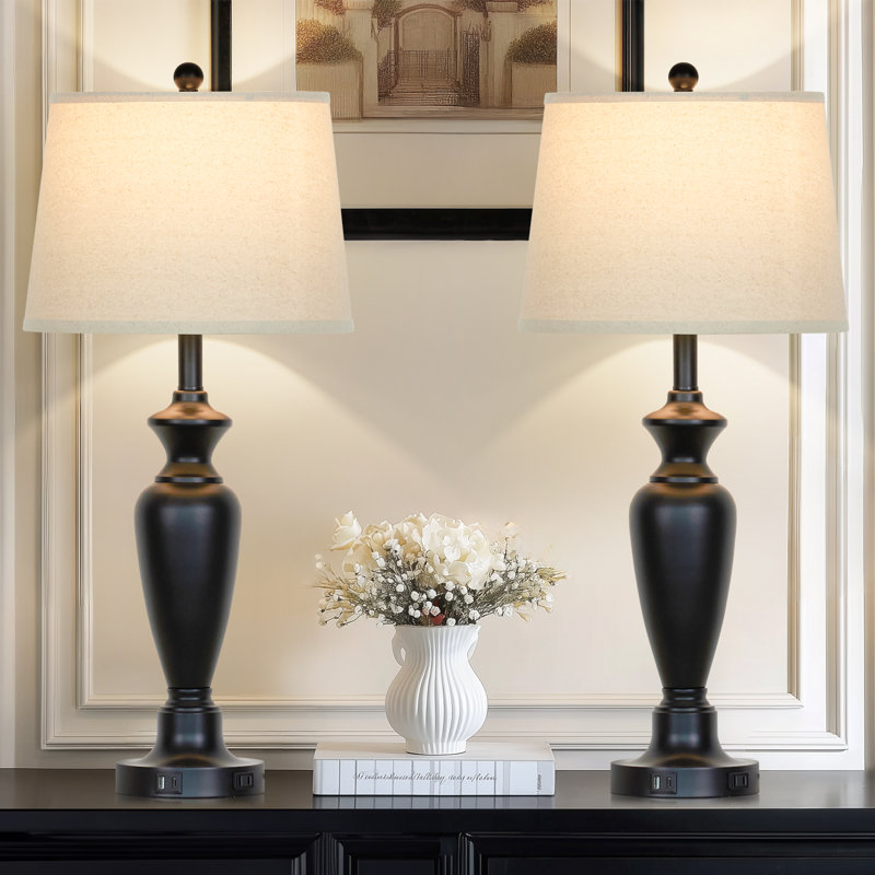 30” Classic Farmhouse Bedside Table Lamps with USB & Type-c Ports, LED Bulb Included, Black