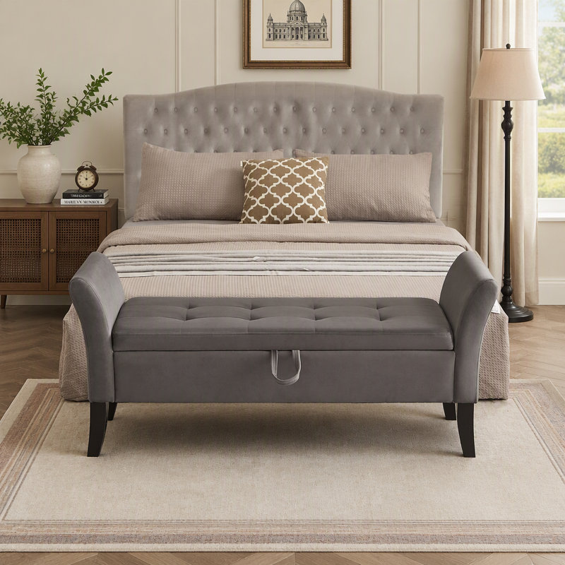 Banc de lit 51,5 po avec rangement en velours gris, Gris, Grey