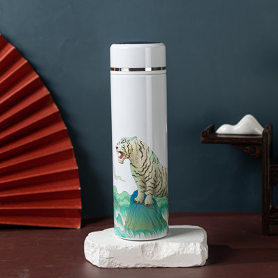 Tasse à café isotherme isotherme de voyage, thé et bouteille avec crépine amovible et température avec art chinois - 16,9 oz liq. (Tigre blanc)