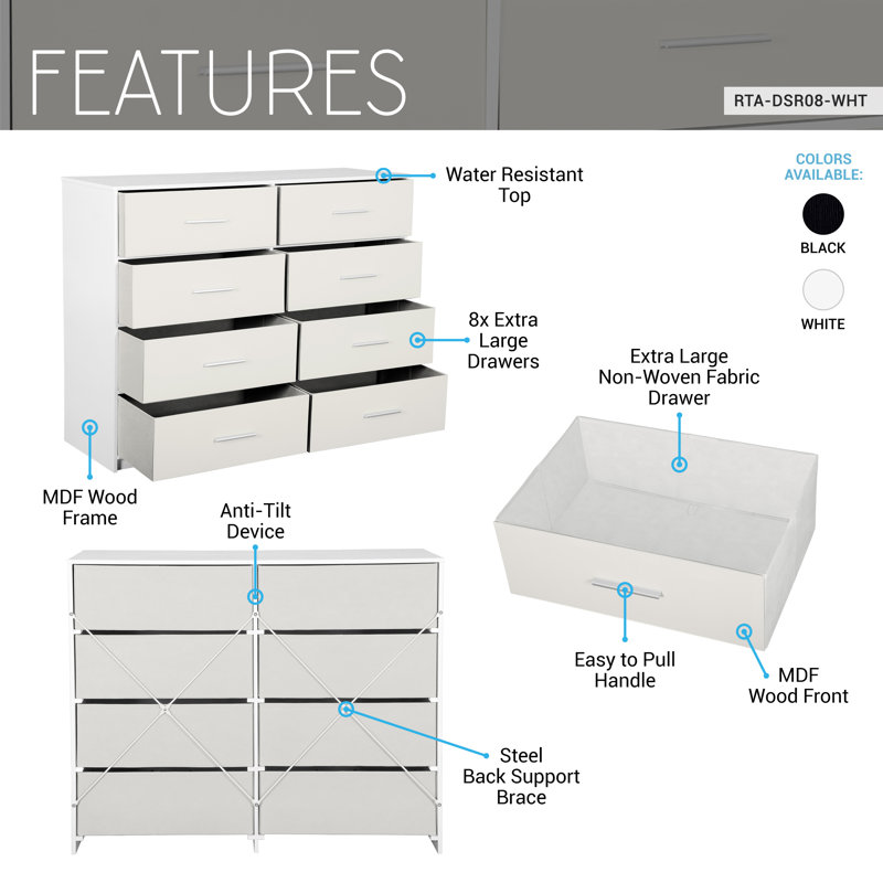 Spacious Wood Frame Dresser with 8 Large Fabric Drawers Drawers for Bedroom, Living Room, Closet, Hallway, TV Stand, or Toy Chest Use