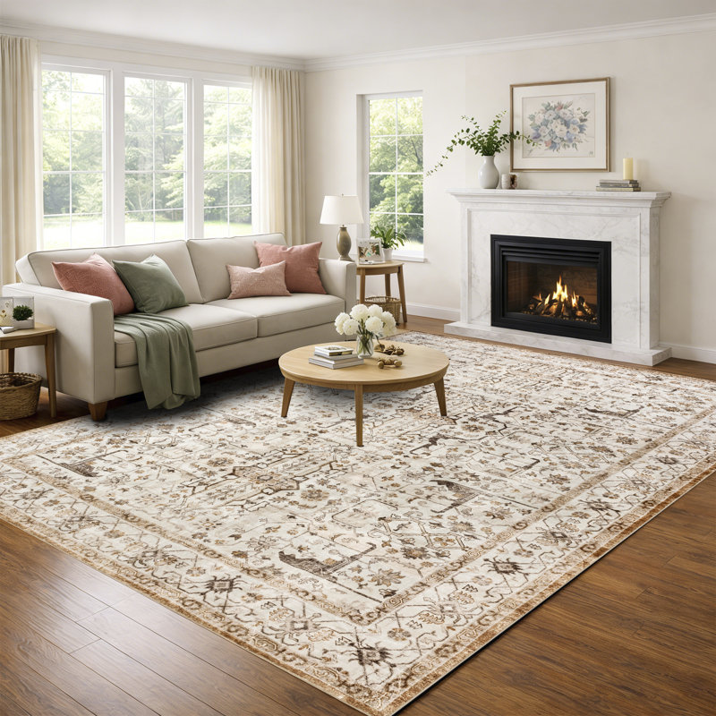 Machine Washable Vintage Oriental Area Rug Non-Slip Backing Beige/Brown Indoor Carpet for Living Room, Bedroom, Hallway Runner