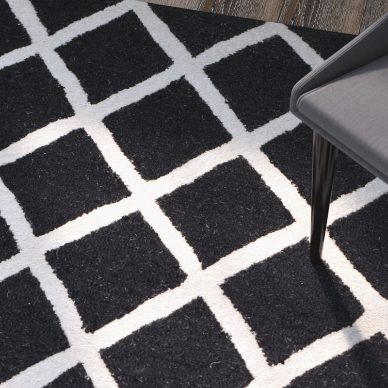 Tapis noir / blanc en laine touffeté à la main Sanyla, Rectangle 5 pi x 8 pi
