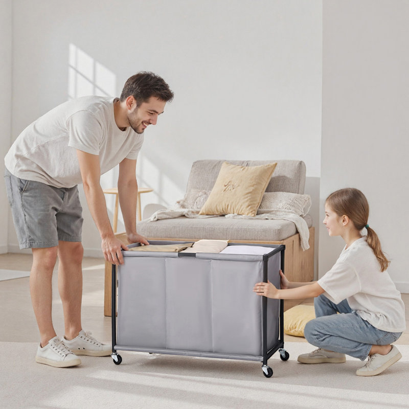 3 Section Laundry Sorter Rolling Laundry Hamper with Drawers Hooks Wheels