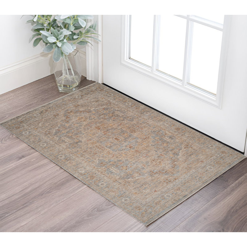 Tapis médaillon floral bleu et sable 2 pi x 3 pi avec frange