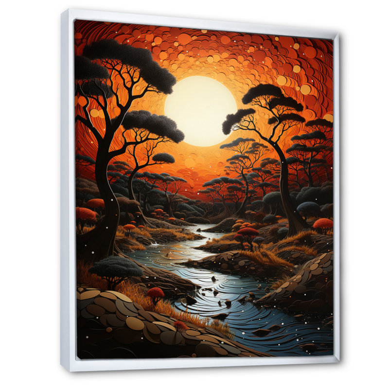 Boutons Tribal africain coucher de soleil III - impression, H 40 po x l 30 po x P 1,5 po, Cadre flottant blanc