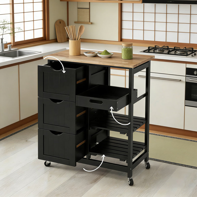 Chariot roulant pour îlot de cuisine avec plateau de boucher, plateaux de service amovibles et tiroirs de rangement - Chariot de service mobile avec roulettes pour la salle à manger et le divertissement