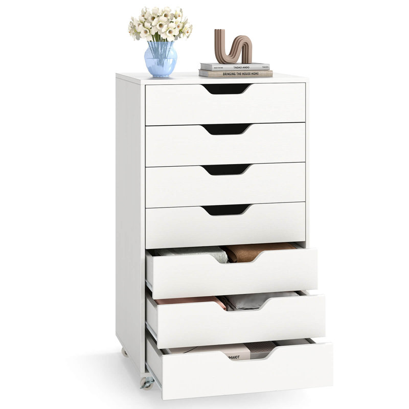 7-Drawer Chest Mobile File Cabinet Vertical Filing Organizer with Lockable Wheels White, White