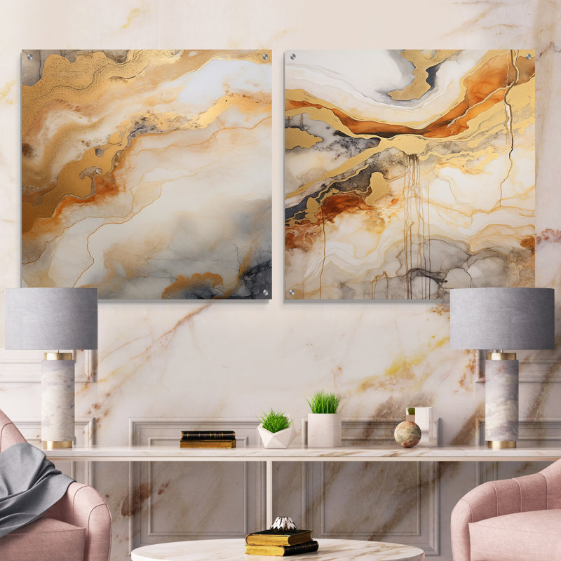 Peinture abstraite beige et or Geyser III - formes abstraites en acrylique, ensemble de 2 verres, H 16 po x l 33 po