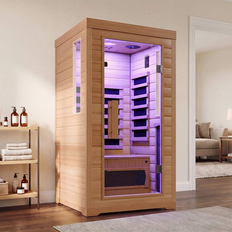 Sauna infrarouge lointain d'intérieur à faible champ électromagnétique pour une personne, avec 6 éléments chauffants infrarouges, bois massif de qualité supérieure, éclairage de chromothérapie à 7 couleurs et audio Bluetooth.