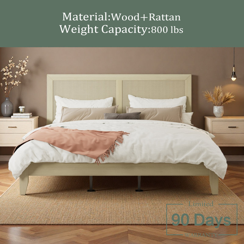 Solid Wood Platform Bed With Rattan, King