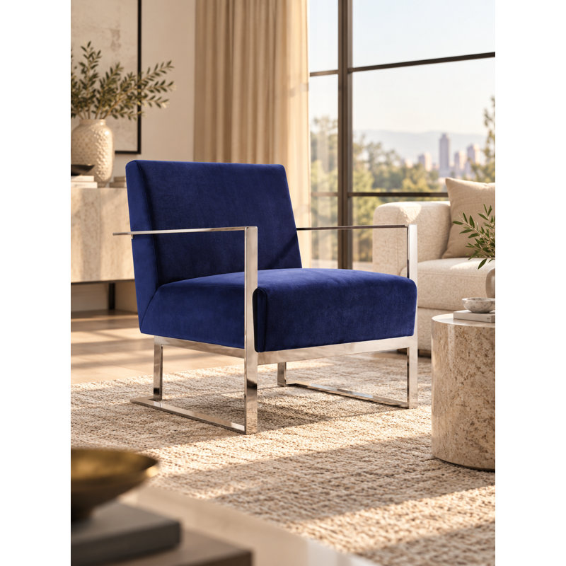     Pangea Home Dexter 27.5" Wide Velvet Armchair Lounge Chair – Modern Upholstered Accent Chair for Living Room, Bedroom, or Office - Navy Chair with Silver Legs