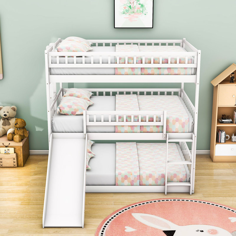 Elester Full Over Full Over Full Wooden Triple / Quad Bunk Bed with Slide, White